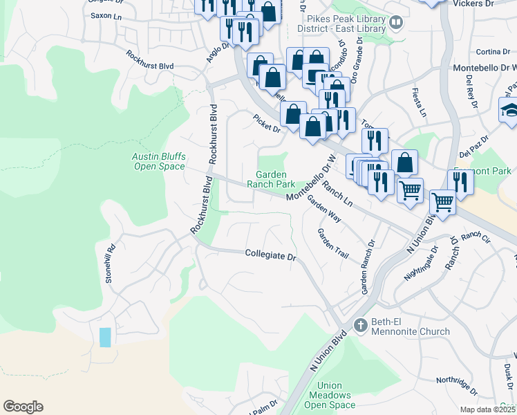 map of restaurants, bars, coffee shops, grocery stores, and more near 5045 Saddle Drive in Colorado Springs