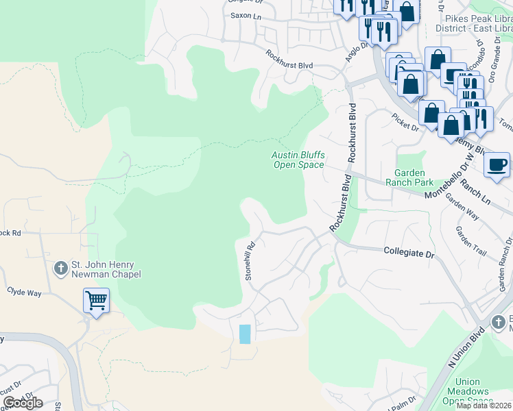 map of restaurants, bars, coffee shops, grocery stores, and more near 5004 Stonehill Road in Colorado Springs