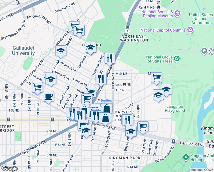 map of restaurants, bars, coffee shops, grocery stores, and more near 1621 Lang Place Northeast in Washington