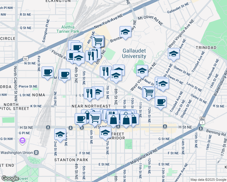 map of restaurants, bars, coffee shops, grocery stores, and more near 101 Independence Avenue Southeast in Washington