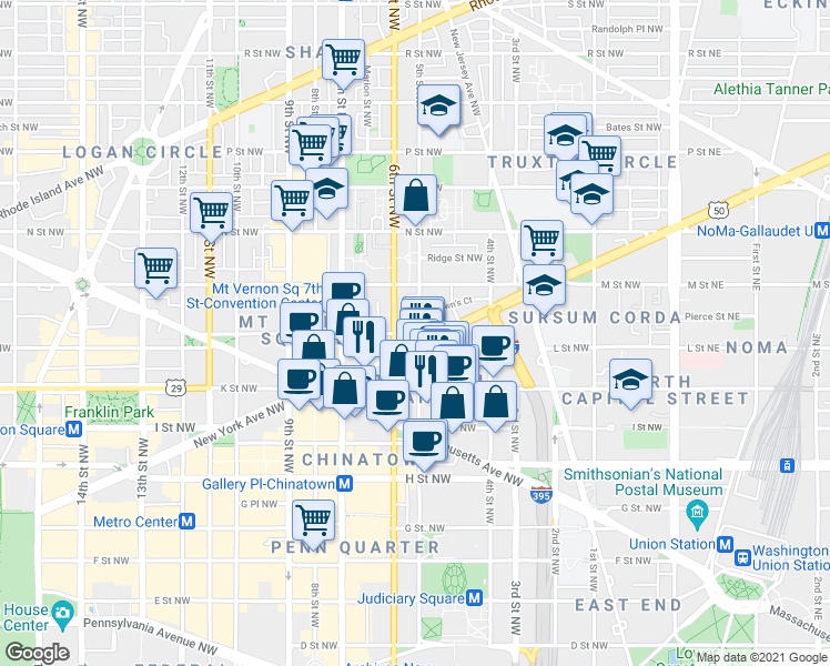 map of restaurants, bars, coffee shops, grocery stores, and more near 101 Independence Avenue Southeast in Washington