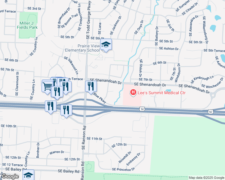 map of restaurants, bars, coffee shops, grocery stores, and more near Southeast Cumberland Drive in Lee's Summit