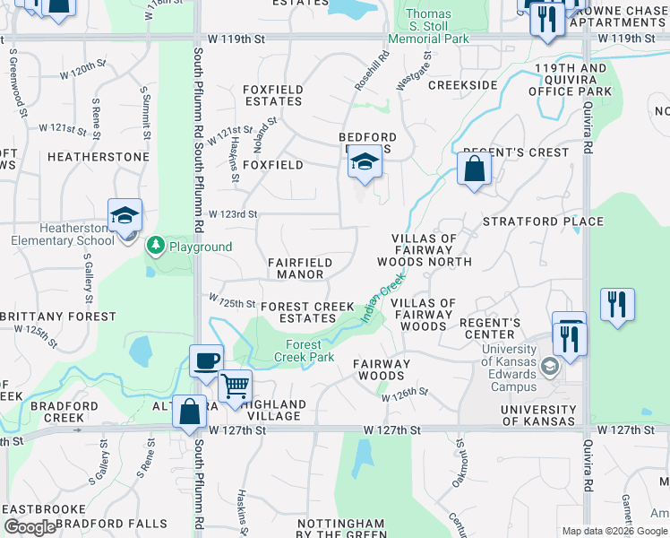 map of restaurants, bars, coffee shops, grocery stores, and more near 12349 Westgate Street in Overland Park