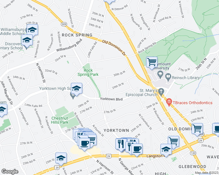 map of restaurants, bars, coffee shops, grocery stores, and more near 4931 29th Street North in Arlington