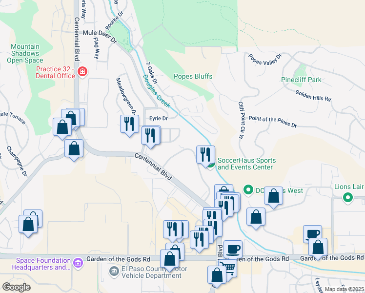 map of restaurants, bars, coffee shops, grocery stores, and more near 5055 List Drive in Colorado Springs