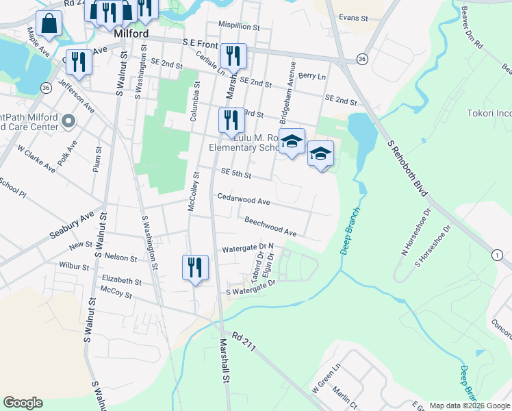 map of restaurants, bars, coffee shops, grocery stores, and more near 606 Cedarwood Avenue in Milford