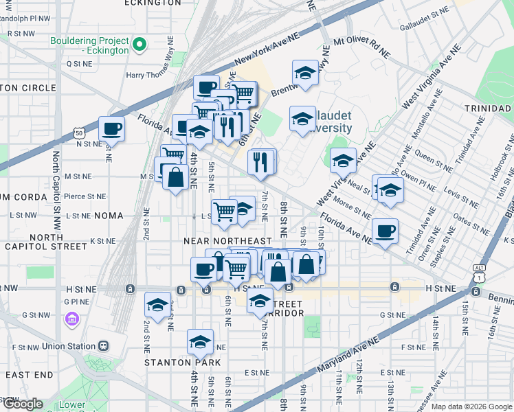 map of restaurants, bars, coffee shops, grocery stores, and more near 101 Independence Avenue Southeast in Washington
