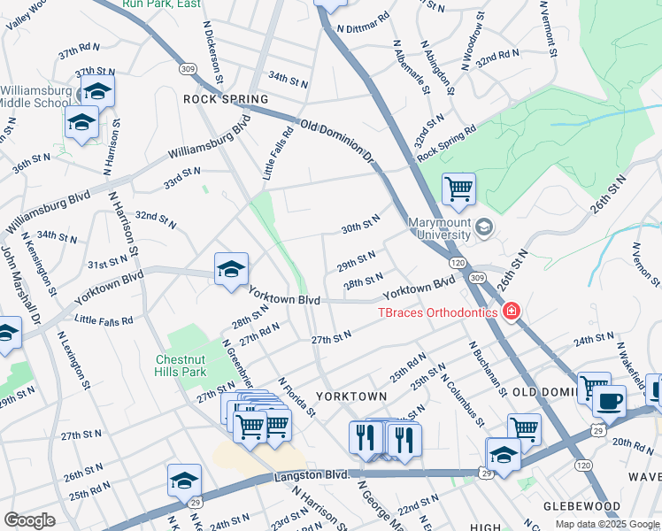 map of restaurants, bars, coffee shops, grocery stores, and more near 4931 29th Street North in Arlington