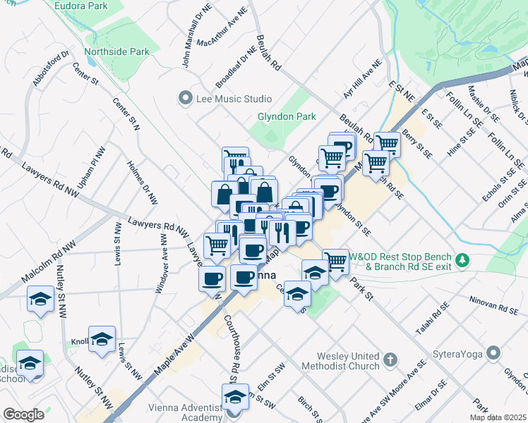 map of restaurants, bars, coffee shops, grocery stores, and more near 211 Mill Street Northeast in Vienna