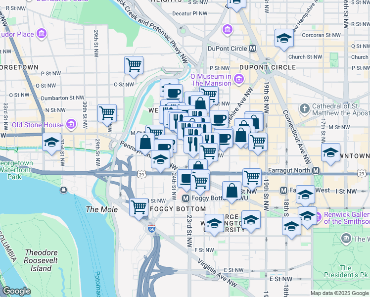 map of restaurants, bars, coffee shops, grocery stores, and more near 1111 24th Street Northwest in Washington