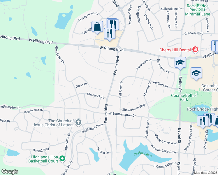 map of restaurants, bars, coffee shops, grocery stores, and more near 4311 Forum Boulevard in Columbia