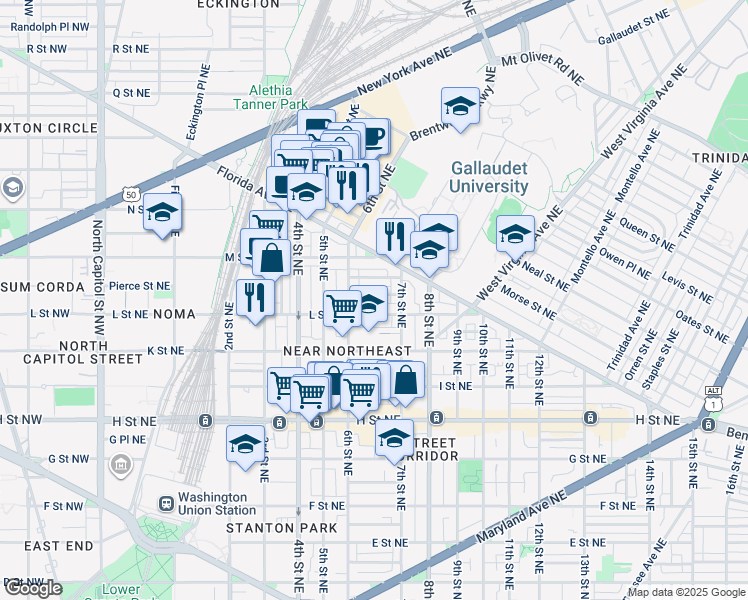 map of restaurants, bars, coffee shops, grocery stores, and more near 633 Morton Place Northeast in Washington