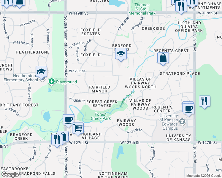 map of restaurants, bars, coffee shops, grocery stores, and more near 12349 Westgate Street in Overland Park