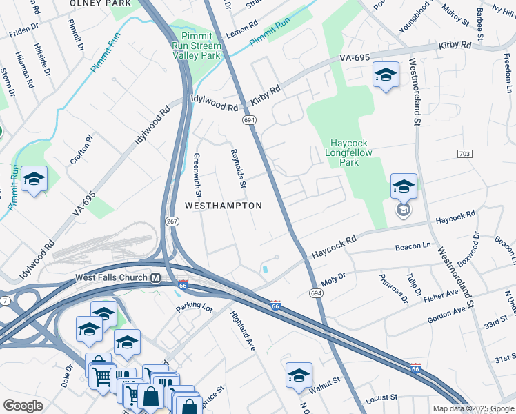 map of restaurants, bars, coffee shops, grocery stores, and more near 2119 Reynolds Street in Falls Church