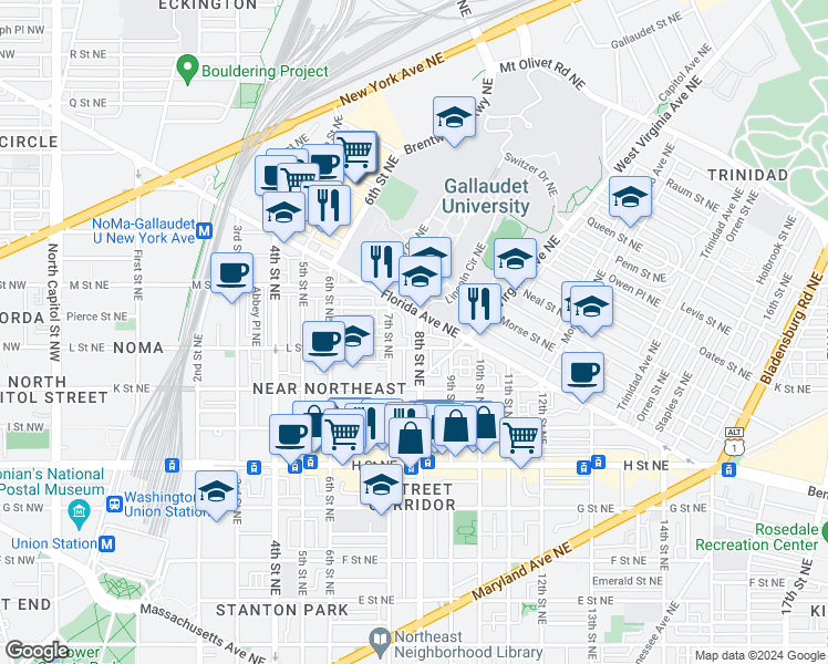 map of restaurants, bars, coffee shops, grocery stores, and more near 1116 8th Street Northeast in Washington