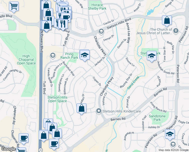 map of restaurants, bars, coffee shops, grocery stores, and more near 5009 Copen Drive in Colorado Springs