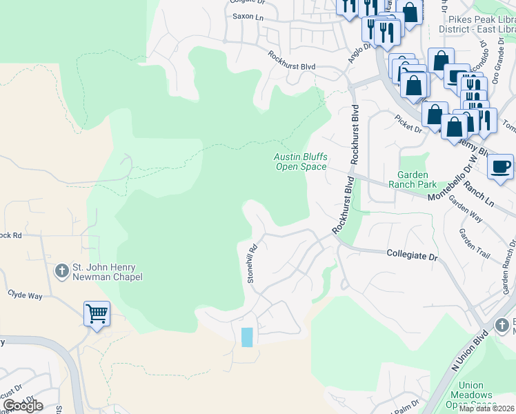 map of restaurants, bars, coffee shops, grocery stores, and more near 5004 Stonehill Road in Colorado Springs