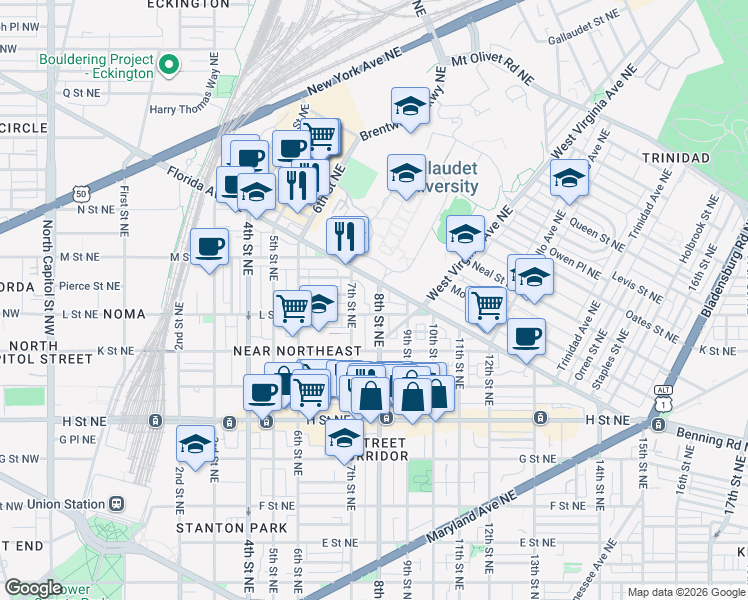 map of restaurants, bars, coffee shops, grocery stores, and more near 101 Independence Avenue Southeast in Washington