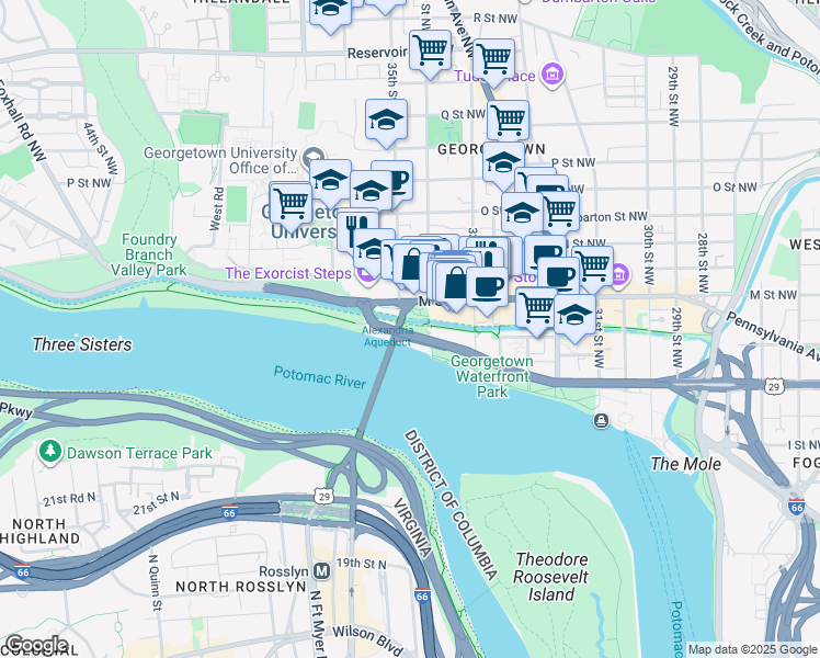 map of restaurants, bars, coffee shops, grocery stores, and more near 3411 Capital Crescent Trail in Washington