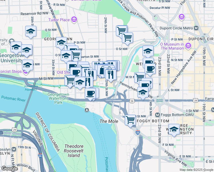 map of restaurants, bars, coffee shops, grocery stores, and more near 1109 29th Street Northwest in Washington