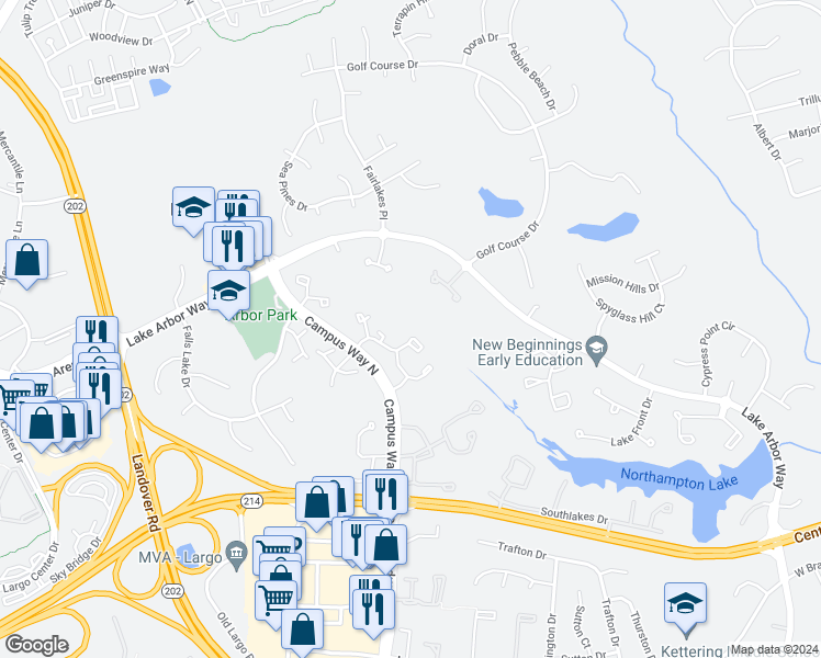 map of restaurants, bars, coffee shops, grocery stores, and more near 945 Westlake Drive in Bowie