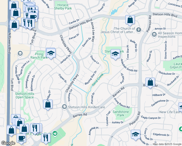 map of restaurants, bars, coffee shops, grocery stores, and more near 6265 Desoto Drive in Colorado Springs