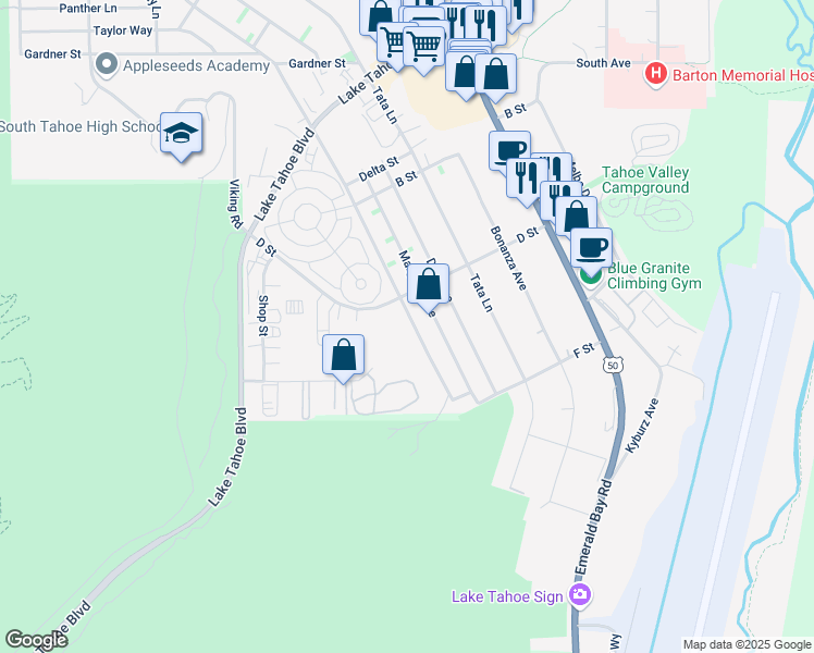map of restaurants, bars, coffee shops, grocery stores, and more near 1194 Julie Lane in South Lake Tahoe