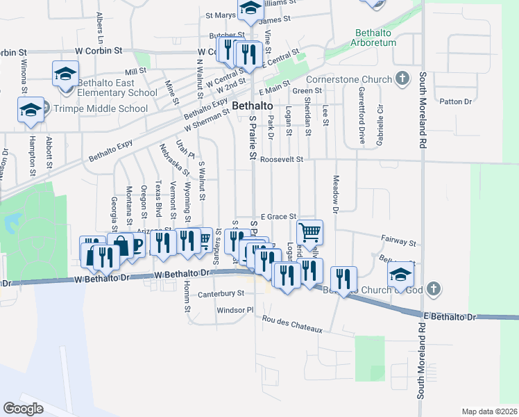 map of restaurants, bars, coffee shops, grocery stores, and more near 471 South Prairie Street in Bethalto