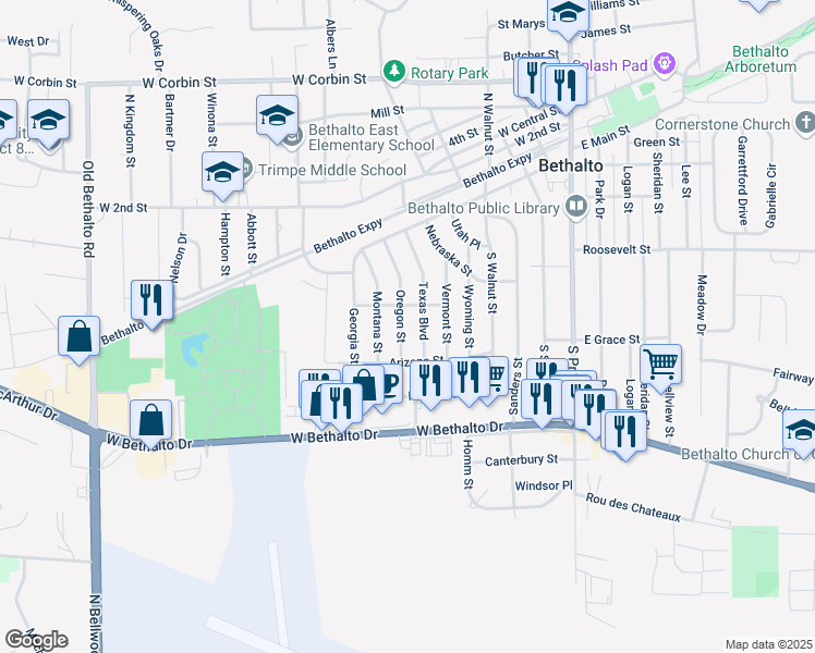 map of restaurants, bars, coffee shops, grocery stores, and more near 514 Texas Boulevard in Bethalto