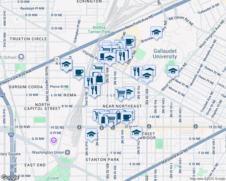 map of restaurants, bars, coffee shops, grocery stores, and more near 1114 5th Street Northeast in Washington