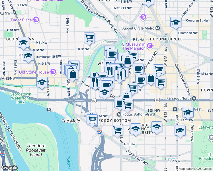 map of restaurants, bars, coffee shops, grocery stores, and more near 2425 L Street Northwest in Washington