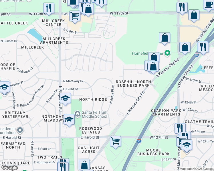 map of restaurants, bars, coffee shops, grocery stores, and more near 1520 East 123rd Terrace in Olathe