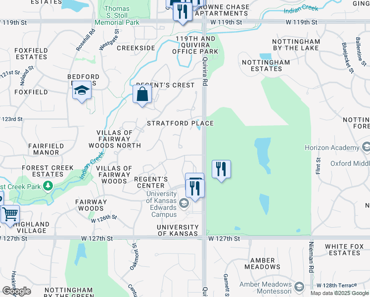 map of restaurants, bars, coffee shops, grocery stores, and more near 12225 Monrovia Street in Overland Park