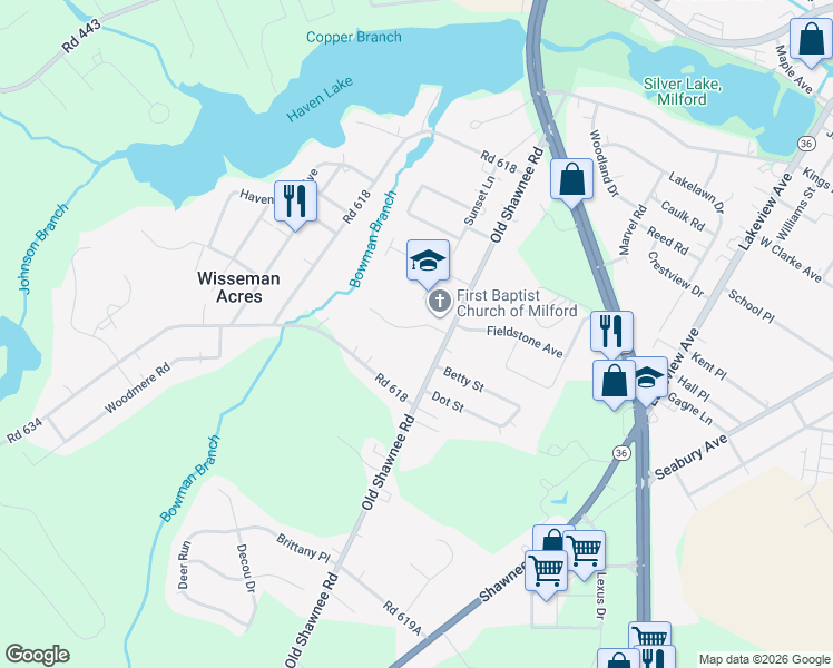map of restaurants, bars, coffee shops, grocery stores, and more near 2 Bowman Terrace in Milford
