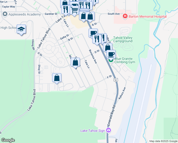 map of restaurants, bars, coffee shops, grocery stores, and more near 1242 Tata Lane in South Lake Tahoe