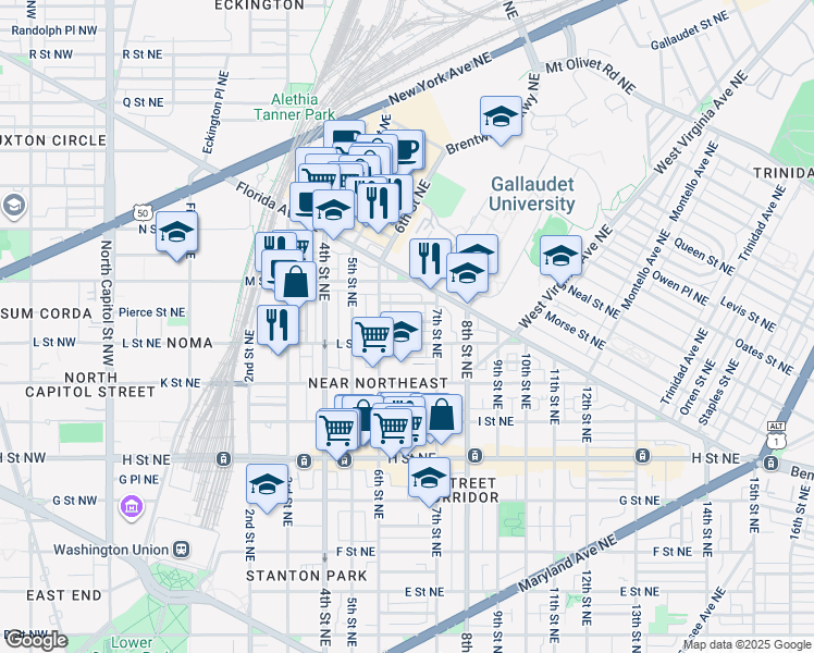 map of restaurants, bars, coffee shops, grocery stores, and more near 633 Morton Place Northeast in Washington