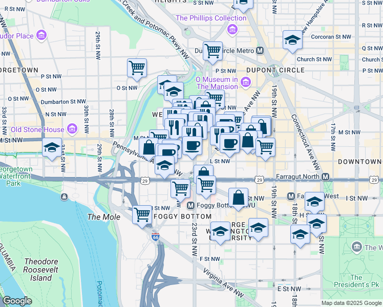 map of restaurants, bars, coffee shops, grocery stores, and more near 1110 23rd Street Northwest in Washington