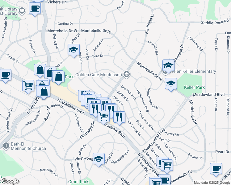 map of restaurants, bars, coffee shops, grocery stores, and more near 4902 Villa Circle in Colorado Springs