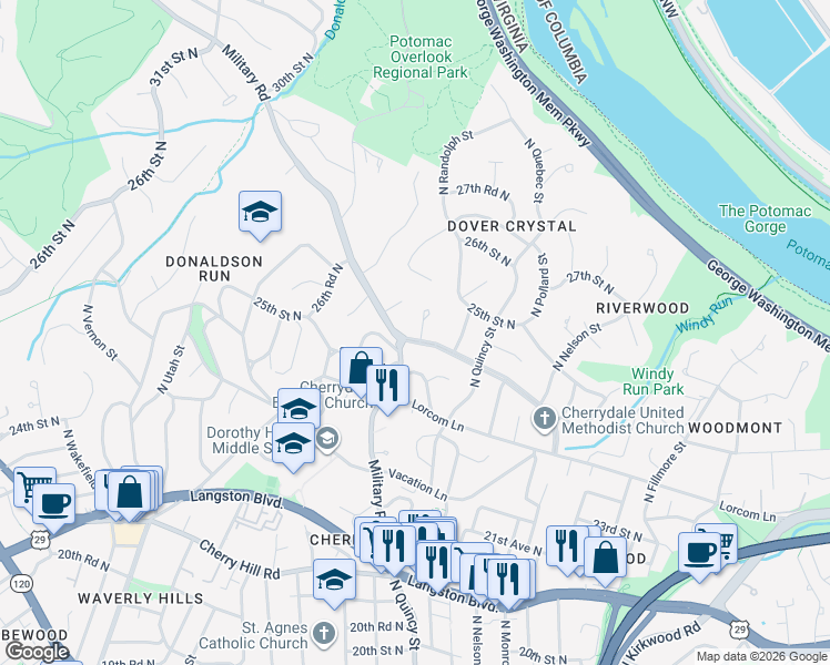 map of restaurants, bars, coffee shops, grocery stores, and more near 2524 North Ridgeview Road in Arlington