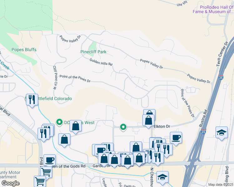 map of restaurants, bars, coffee shops, grocery stores, and more near 807 Point of the Pines Drive in Colorado Springs