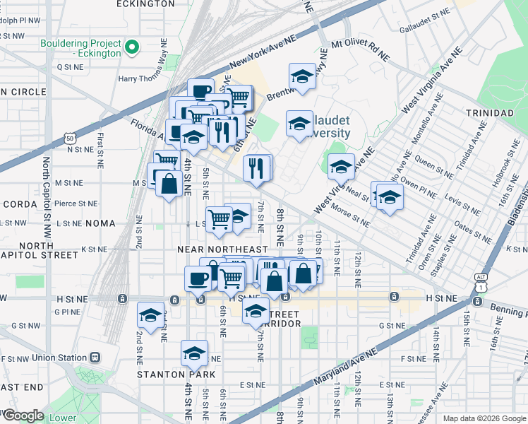 map of restaurants, bars, coffee shops, grocery stores, and more near 1117 7th Street Northeast in Washington