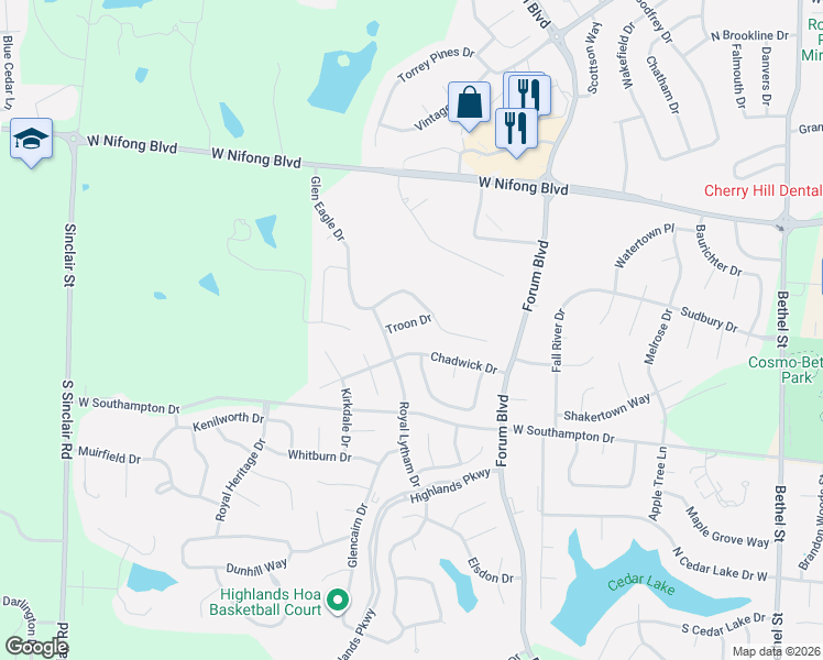 map of restaurants, bars, coffee shops, grocery stores, and more near 1306 Troon Drive in Columbia