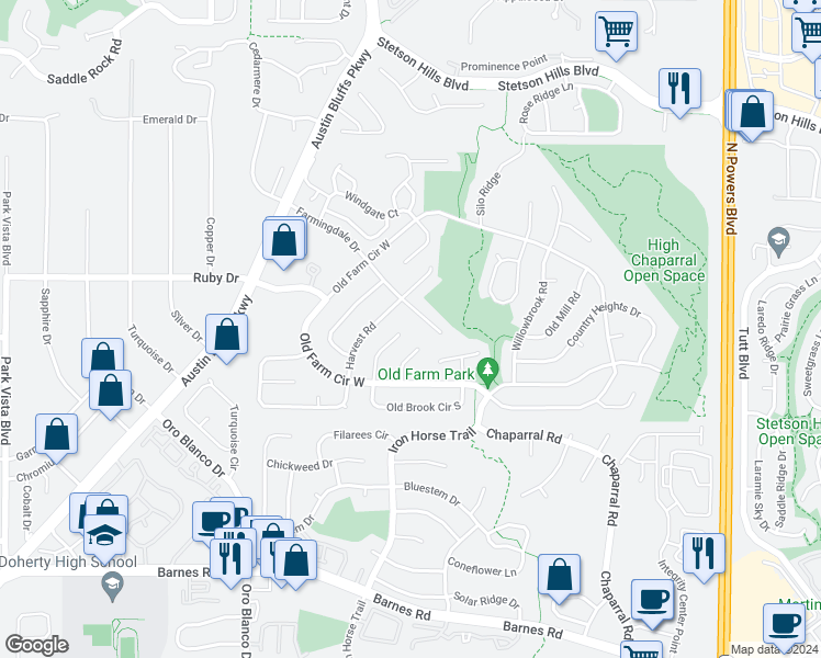 map of restaurants, bars, coffee shops, grocery stores, and more near 4975 Molly Pond Court in Colorado Springs