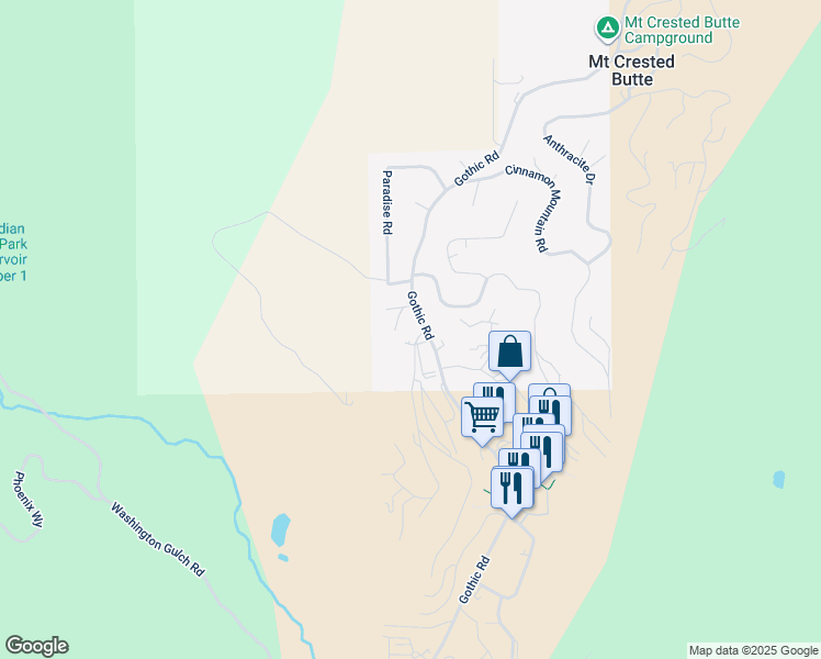 map of restaurants, bars, coffee shops, grocery stores, and more near 1-7 Marcellina Lane in Crested Butte