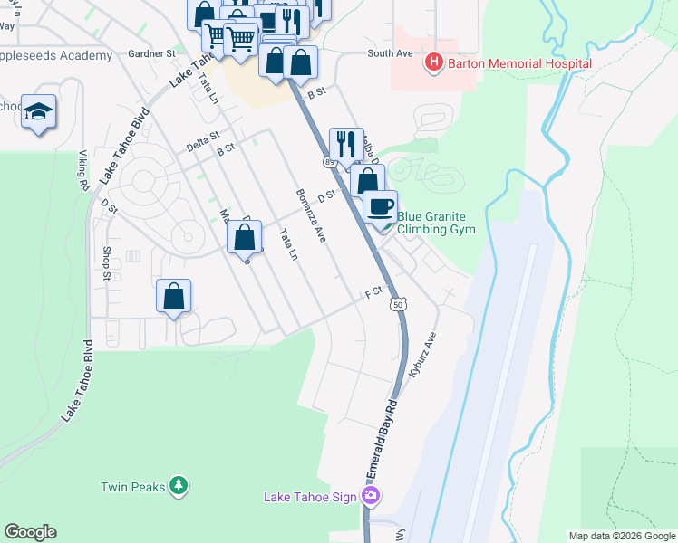 map of restaurants, bars, coffee shops, grocery stores, and more near 1262 Bonanza Avenue in South Lake Tahoe