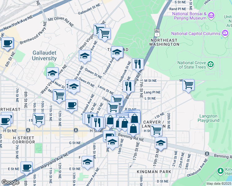 map of restaurants, bars, coffee shops, grocery stores, and more near 1447 Holbrook Street Northeast in Washington