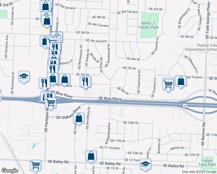 map of restaurants, bars, coffee shops, grocery stores, and more near 1020 Southeast Blue Parkway in Lee's Summit