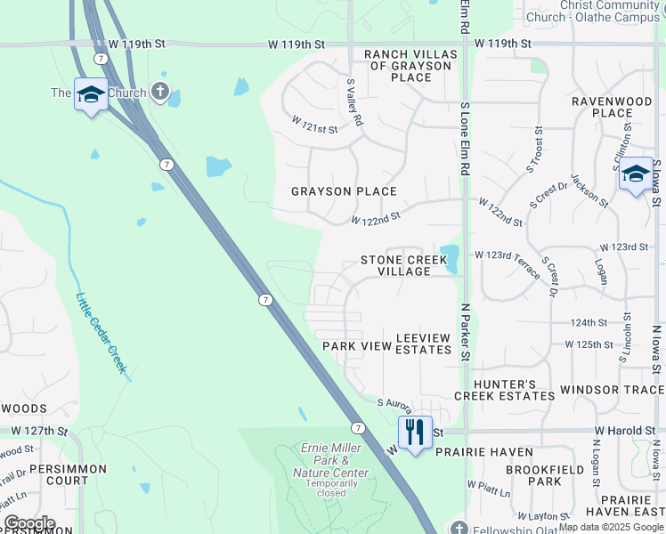 map of restaurants, bars, coffee shops, grocery stores, and more near 21948 West 124th Place in Olathe
