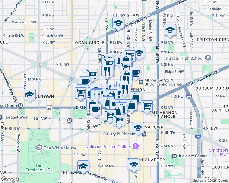 map of restaurants, bars, coffee shops, grocery stores, and more near 1001 L Street Northwest in Washington