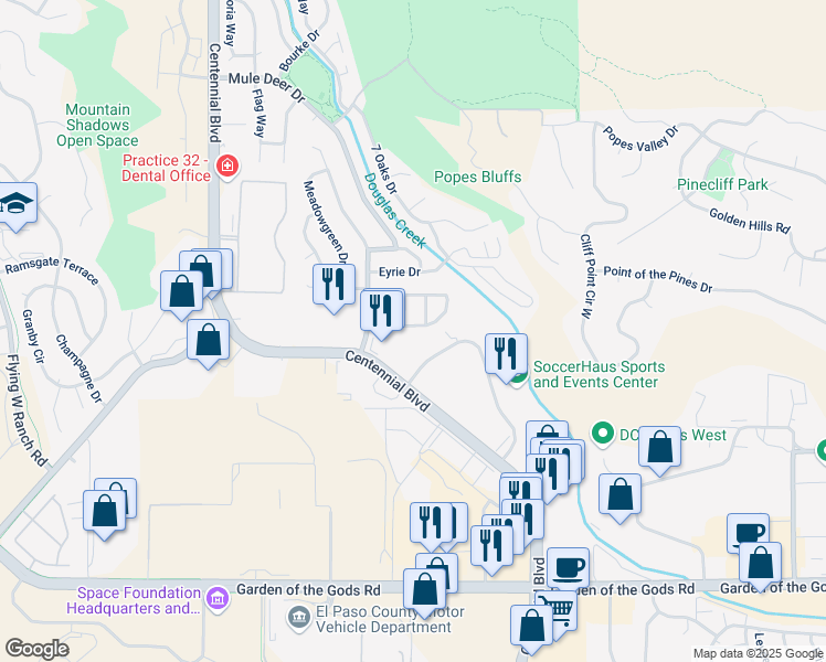 map of restaurants, bars, coffee shops, grocery stores, and more near 1660 Pinon Glen Circle in Colorado Springs